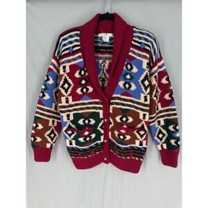 Vintage Cardigan Sweater Womens Small Pink Blue Aztec Western Wool Button Knit